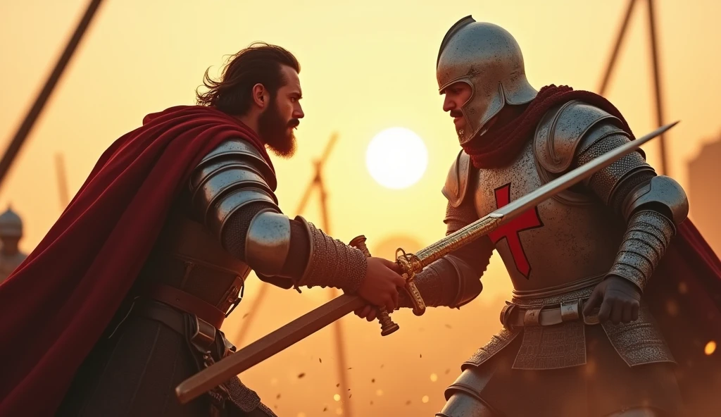 "A highly realistic, high-contrast, 8K HD, detailed, hyper-detailed image of a tense battle scene between the Crusader protagonist and the Lion-Emblazoned General. The Crusader, with his steel armor bearing a prominent red cross, has a stern expression, his dark hair and beard clearly visible as he confronts his foe. The Lion-Emblazoned General, clad in steel armor with a fierce lion emblem on his chest, keeps his face hidden behind a helmet, adding to his menacing presence. The two warriors are locked in a fierce one-on-one duel, swords clashing with sparks flying in the desolate desert battlefield. The setting sun casts long shadows, and the warm, orange light creates a dramatic contrast with the cold steel of their armors. Dust swirls around their feet, and the distant echoes of the ongoing battle heighten the tension. The image is of the highest quality, with ultra-high resolution, RAW photo quality, and Unreal Engine rendering, capturing the epic confrontation at the moment of its climax."