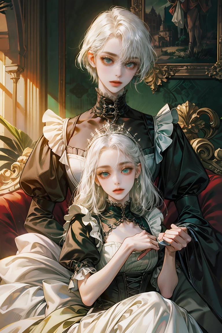 8k, complex, elegant, Very detailed, majestic, digital photography, surreal painting, blue tones, victorian maid clothes, in the palace, shaddy, fine and beautiful eyes: 1.2), HdR, (ojos verde brights)), white hair women, slender girl, in front of the camera, bright, masterpiece, white skin