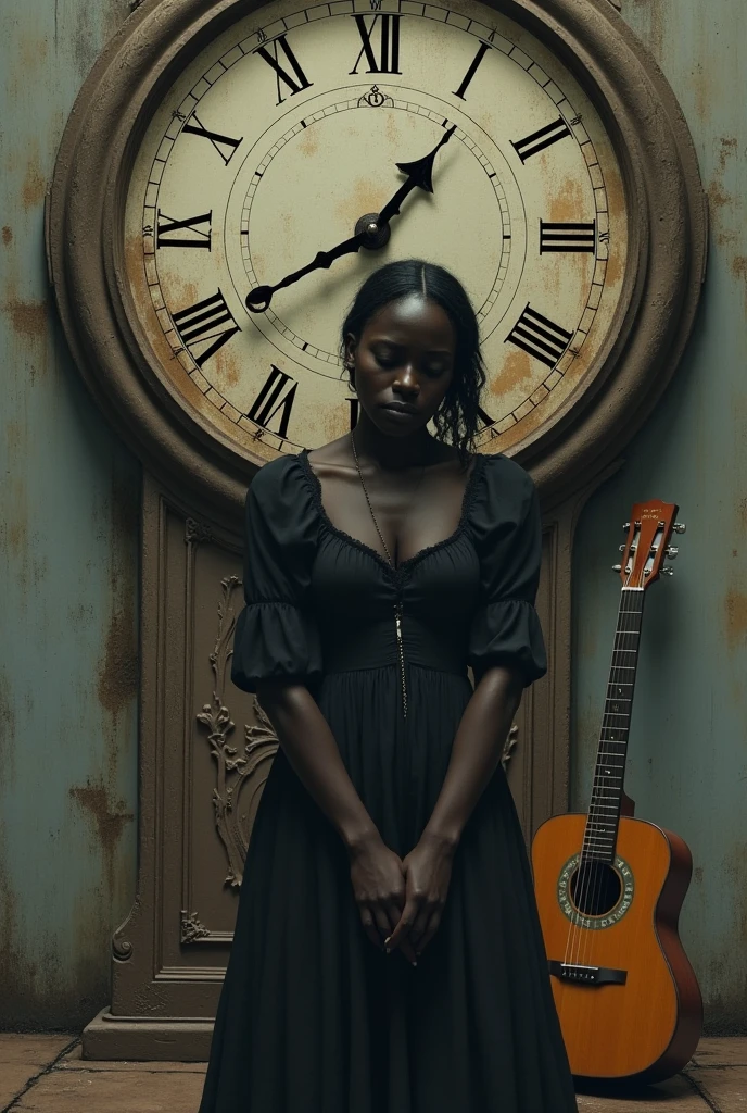 sad black woman and in the background a large old clock with a broken hand and a guitar 