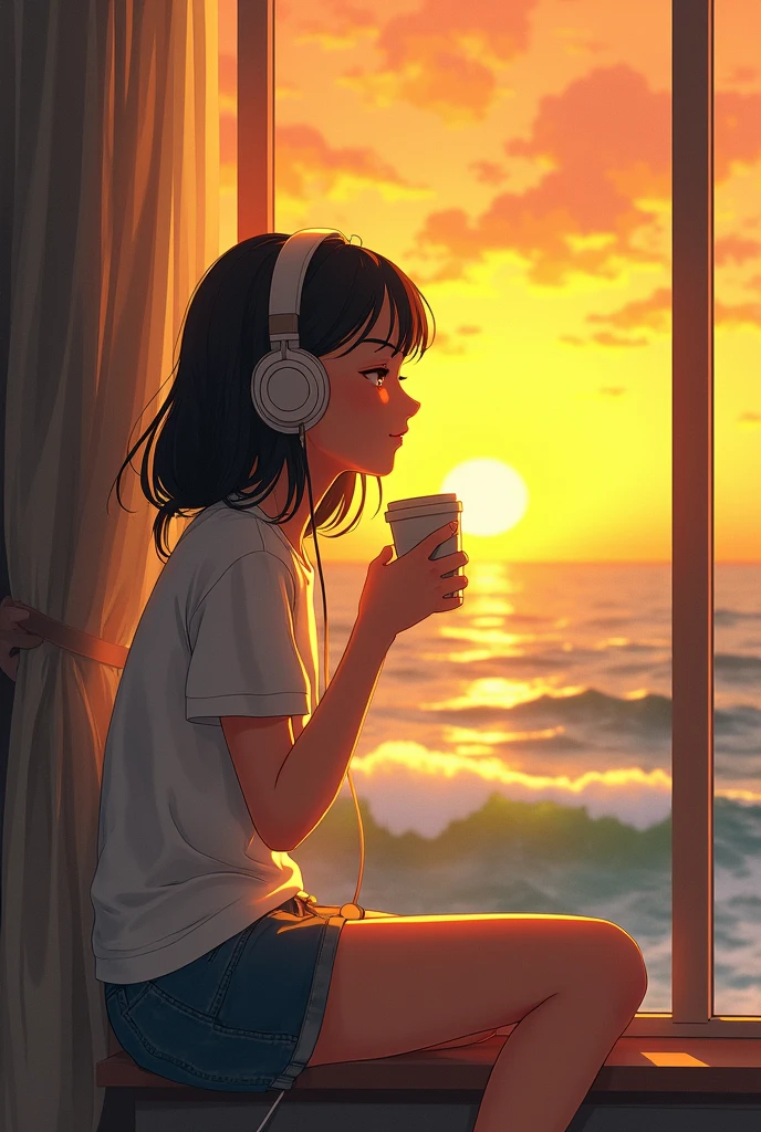 「A girl sitting by a window overlooking the sunset and waves。She was wearing a T-shirt and holding headphones with one hand.、He is holding his coffee cup with a sleepy look on his face.。The girl is exuding a calm atmosphere while listening to music.、A pleasant breeze comes in through the window and stirs my hair。Outside the window、A beautiful yellow and orange sunset and waves spread out、Ghibli-style scenery is depicted。」