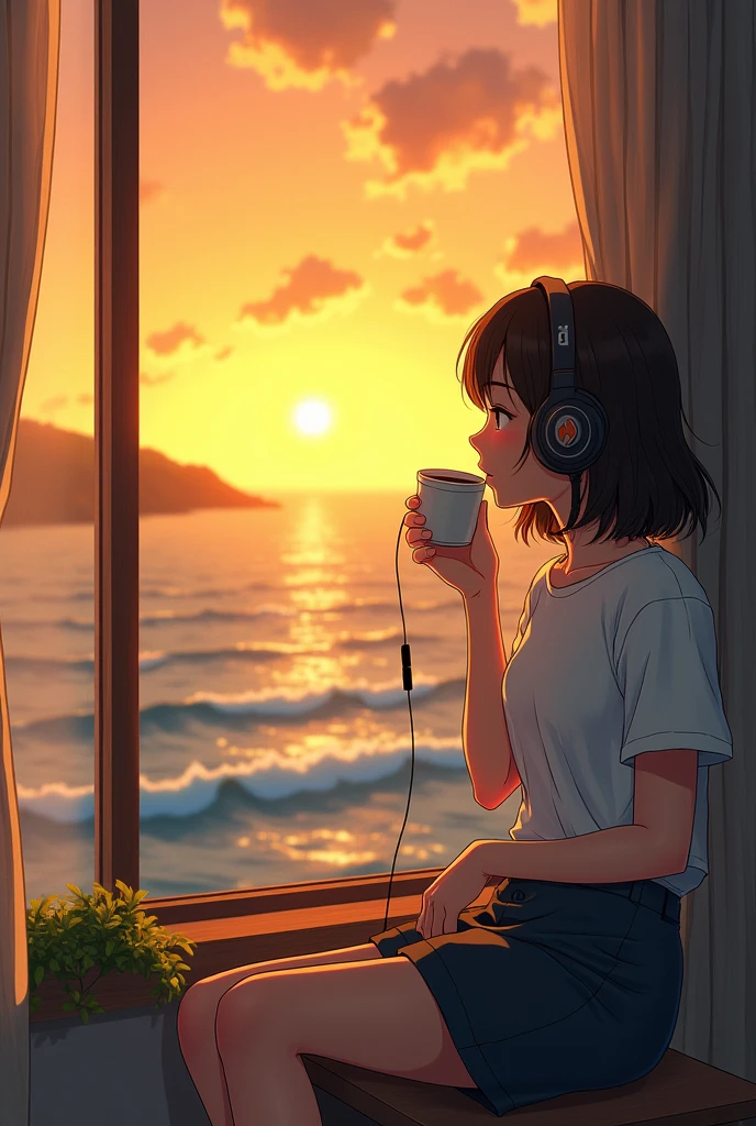 「A girl sitting by a window overlooking the sunset and waves。She was wearing a T-shirt and holding headphones with one hand.、He is holding his coffee cup with a sleepy look on his face.。The girl is exuding a calm atmosphere while listening to music.、A pleasant breeze comes in through the window and stirs my hair。Outside the window、A beautiful yellow and orange sunset and waves spread out、Ghibli-style scenery is depicted。」