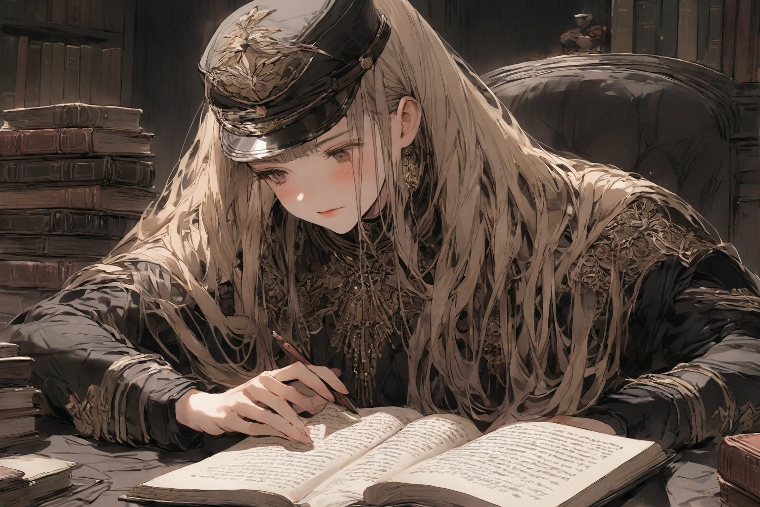 Our young marshal is just reading a book.,Hair Bunch,Long hair, WhiteLong hair,将Military cap,Military cap,military uniform,office,Lots of books,Reading,