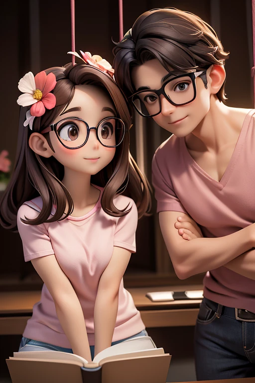 a couple woman dark brown eyes dark brown hair oval face thin lips wearing reading glasses black top well made up peach colored lipstick the man has brown hair brown eyes wearing reading glasses they look at each other and smile he is wearing a pink t-shirt that marks his muscles happy in the background a beautiful swing with flower decoration