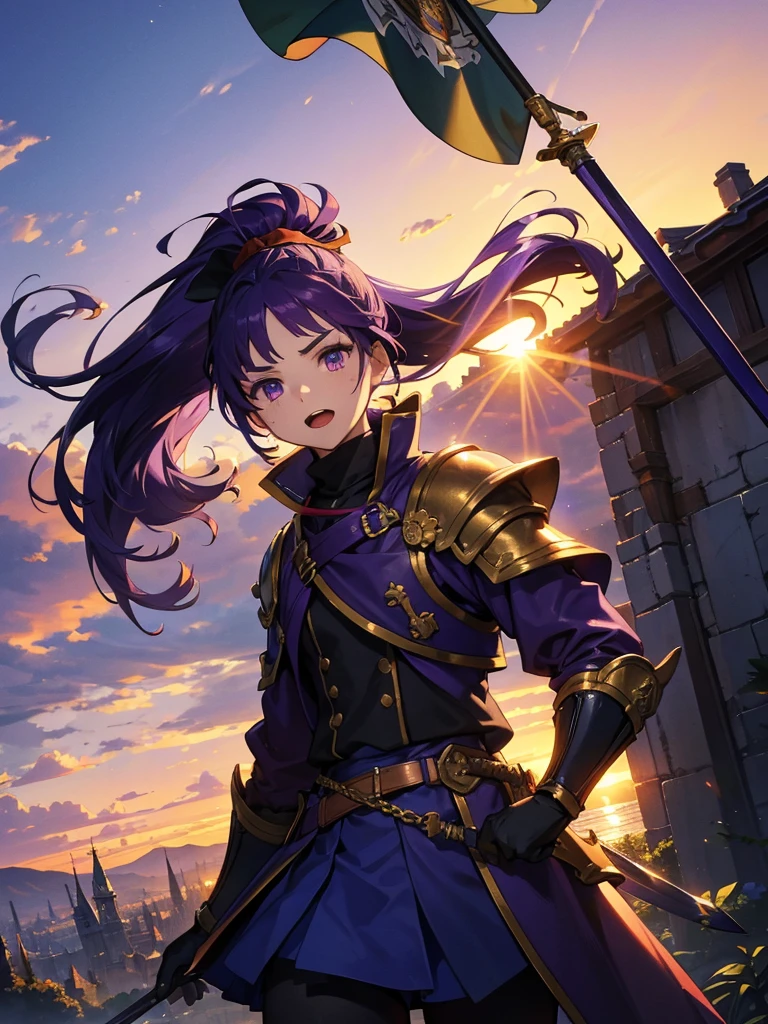 Dressed as a man、masterpiece,Highest quality,One person,Costume 1,,sunrise,dawn,holding flag,Open your mouth,sword,Purple Hair,Purple Eyes,ponytail、Armored