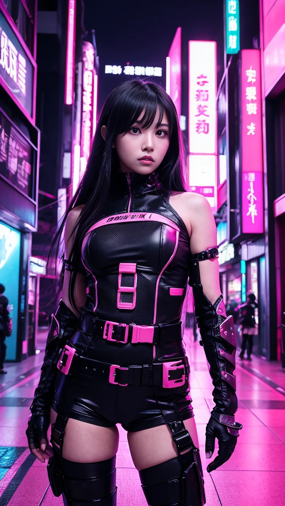 Future cyberpunk city Tokyo Combat readiness Overall pink neon background Long hair, solo, Black Hair,