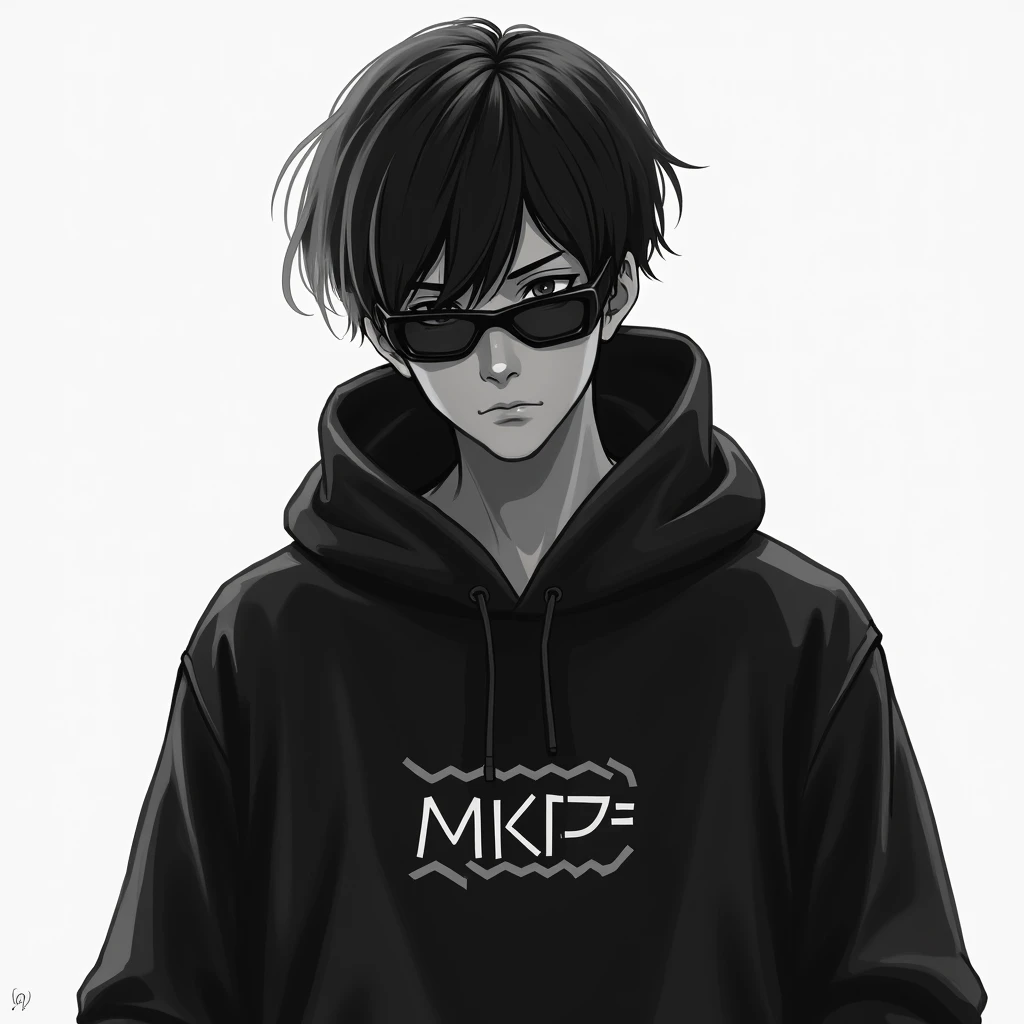 A monochromatic digital artwork featuring a boy age 25 with a serious expression, wearing a black hoodie. The character has sleek black hair and futuristic sunglasses . The hoodie has a unique design of a MKP . The background is a smooth,adding to the overall mysterious and cool vibe of the image