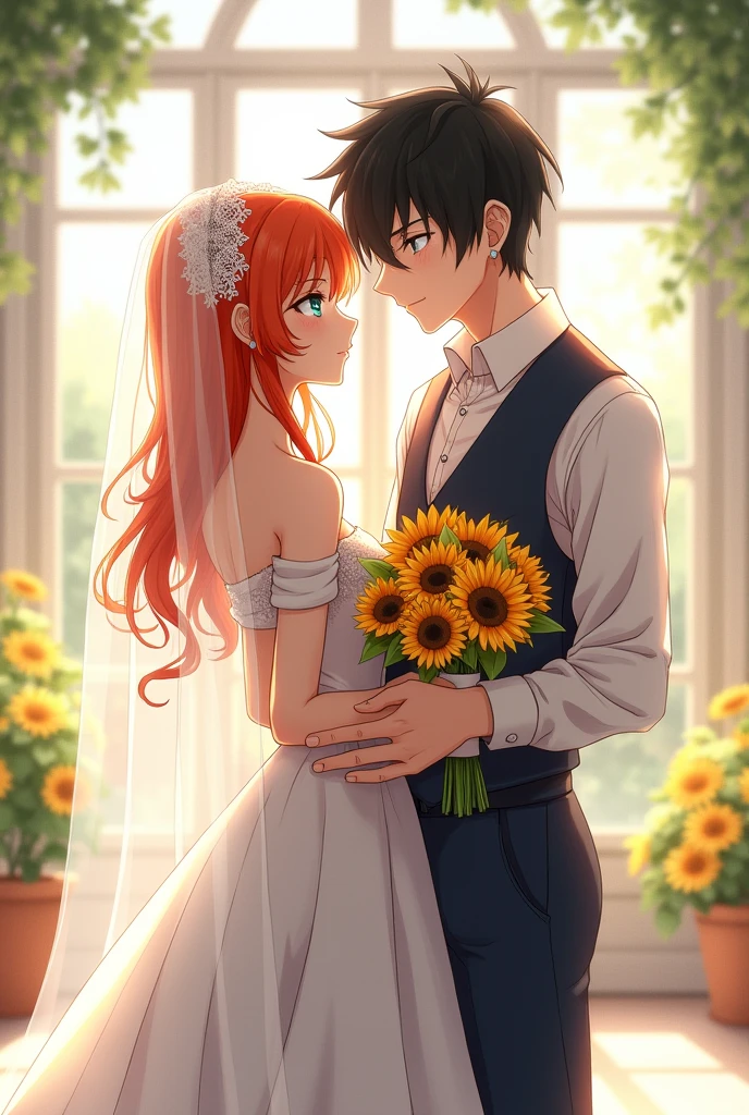 The girl with long orange hair and blue eyes wore a luxurious white off-the-shoulder wedding dress, held a wedding bouquet made from a bouquet of sunflowers, and wore a lace fabric on her head. She was standing next to a guy with slightly messy black hair, yellow eyes, cold face, wearing a vest and holding the girl's waist. The surrounding landscape is a room with lots of light and glass windows. anime character