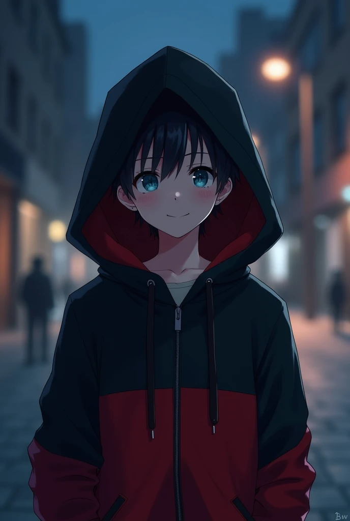 Black and red hood, 1boy, male_focus, hoodie, hood_up, blue_eyes, looking_at_viewer, blurry, black_hair, solo, upper_body, blurry_background, night, outdoors, short_hair, closed_mouth, city ,heppy boy