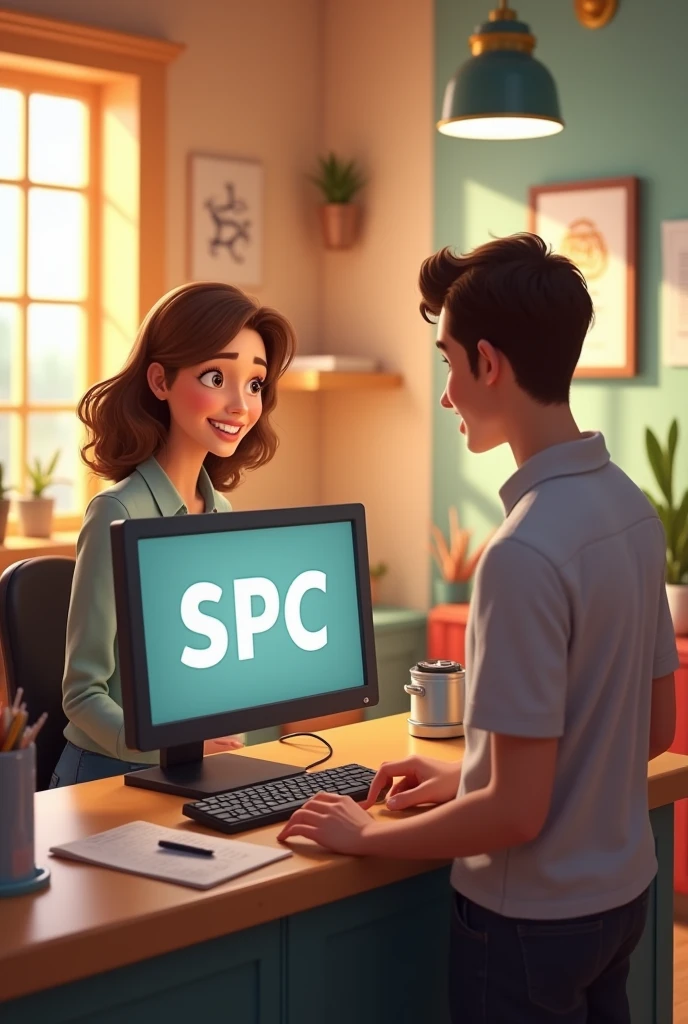 girl with light brown hair using a computer with SPC written on the screen taking customer biometrics with a male customer in a disney pixar style office background