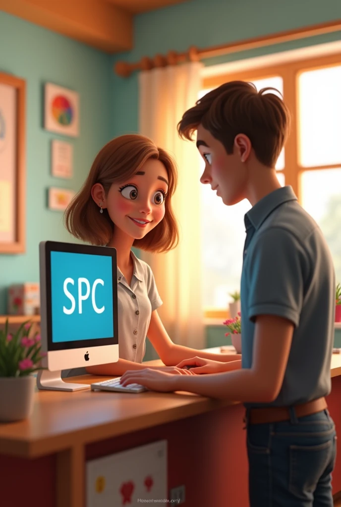 girl with light brown hair using a computer with SPC written on the screen taking customer biometrics with a male customer in a disney pixar style office background