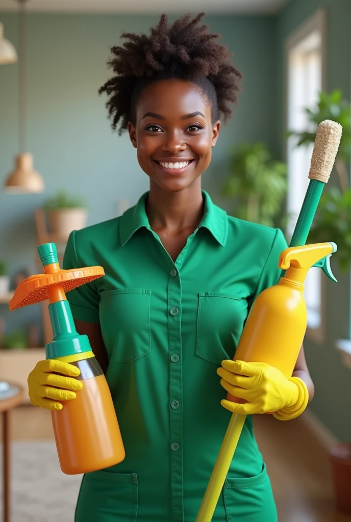 Generate three quater view of a smiling African cleaning woman in green with cleaning items
