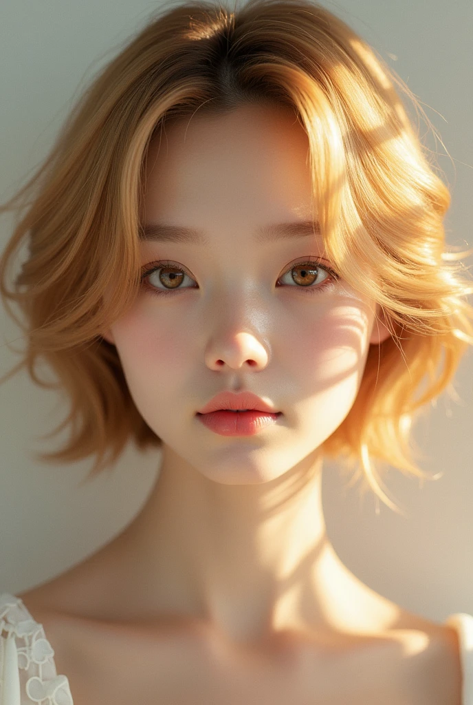 ((best quality)), ((masterpiece)), (detailed), perfect face, no make face, very short hair, golden hair ((complete closed mouth)), 20 years old Japanese idol, 1 pretty girl,