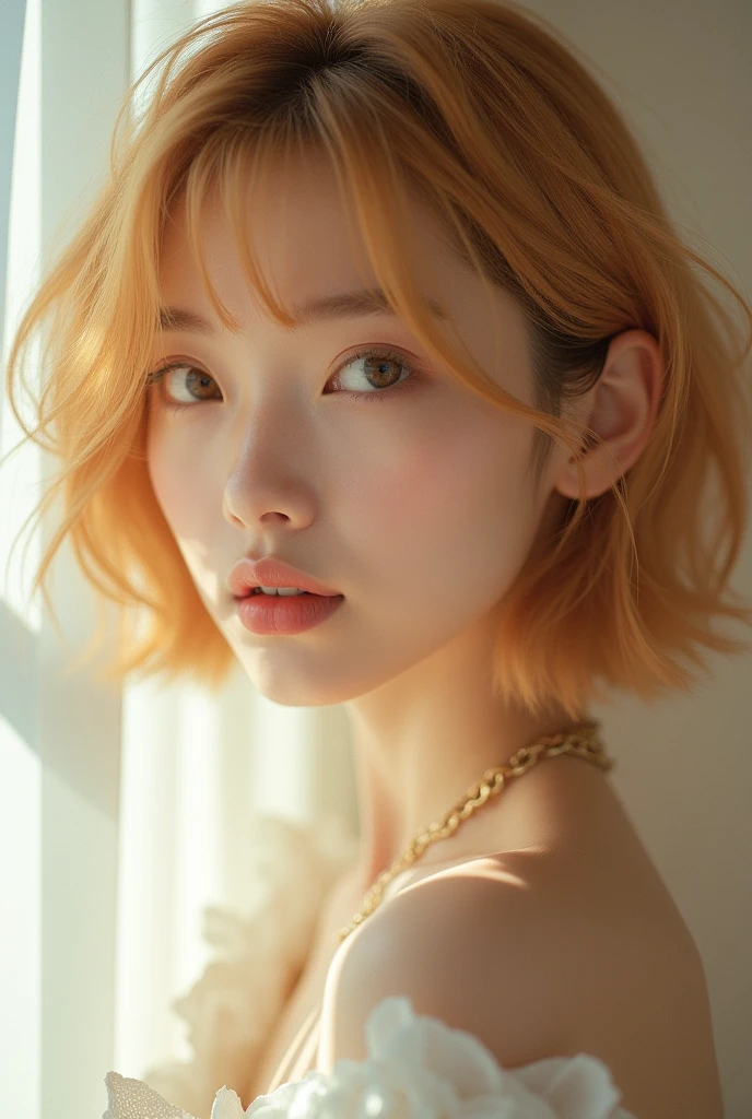 ((best quality)), ((masterpiece)), (detailed), perfect face, no make face, very short hair, golden hair ((complete closed mouth)), 20 years old Japanese idol, 1 pretty girl,