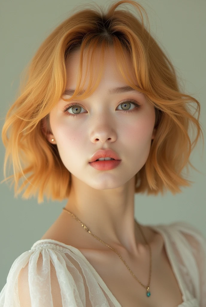 ((best quality)), ((masterpiece)), (detailed), perfect face, no make face, very short hair, golden hair ((complete closed mouth)), 20 years old Japanese idol, 1 pretty girl,