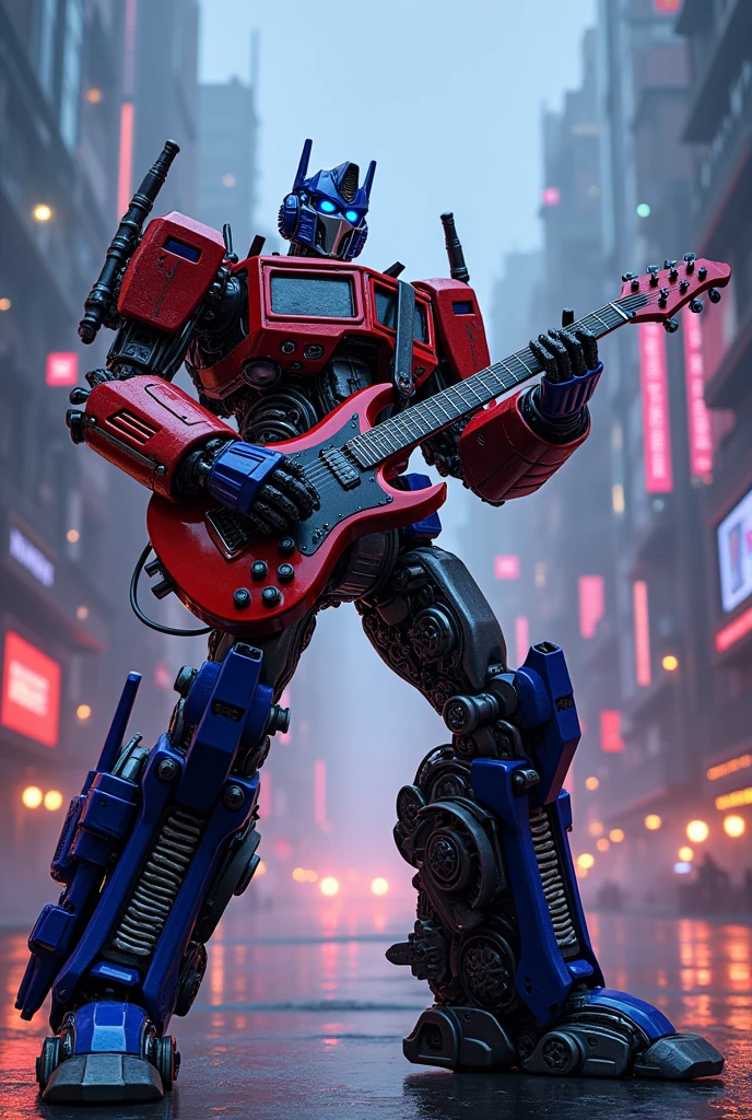 Optimus Prime from movie transformer playing guitar electric on stage,, ((cyberpunk style)), Hi-Tech city, mechanical enhancement, (high-tech fantasy), robotics, blade runner 2049