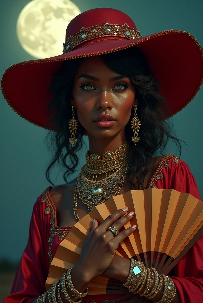 Face of a dark-skinned woman, Gypsy,green eyes, by the wide, wearing lots of jewelry, with a luxurious wide-brimmed red hat and a giant fan under the full moon