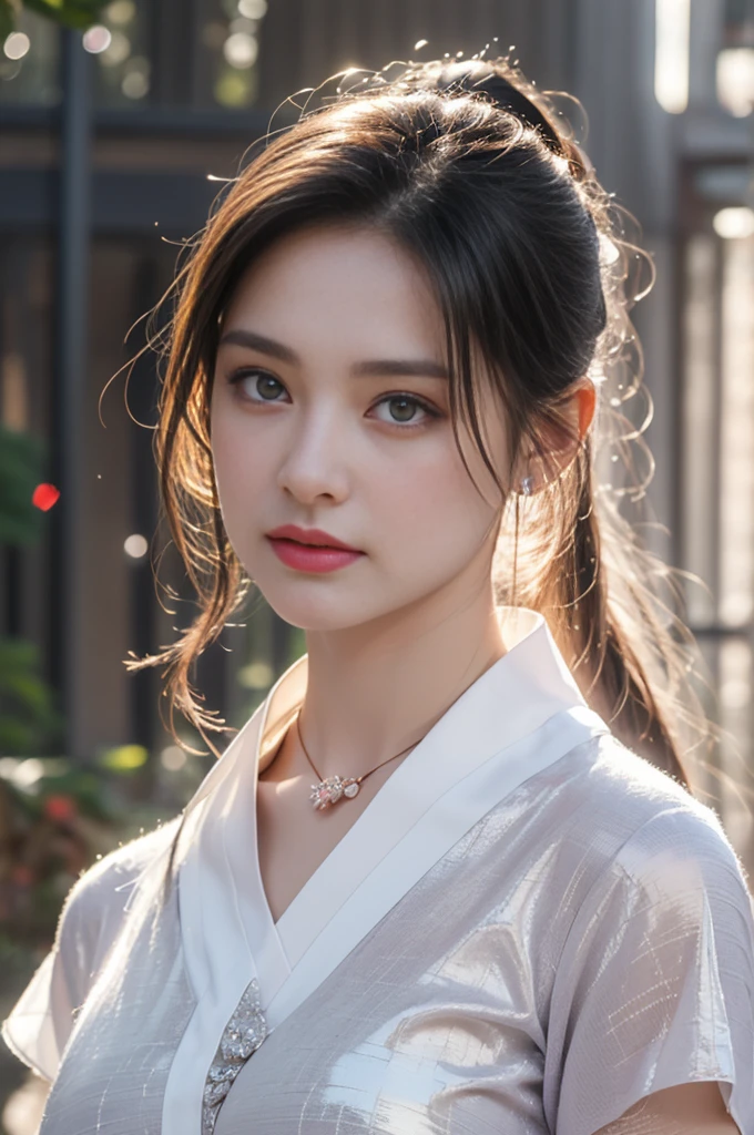 1 beautiful girl in Hanfu costume, ((white thin purple silk shirt with a lot of texture)), white lace top, long purple platinum ponytail Hair, Jewelry, ear jewelry, necklaces and necklaces, carefully drawn big purple eyes, makeup careful, thin eyebrows, high nose, beautiful red lips, no smile, pursed lips, rosy cheeks, wide breasts, big breasts, proportional breasts, slim waist, purple fishnet socks, chinese hanfu style, fictional art texture, colorful bright and realistic, RAW Photo, Realistic Photo, ultra high quality 8k surreal photo, (effective fantasy light effect: 1.8), 10x pixels, magical effect (Background): 1.8), ultradetailed eyes, full body portrait of girl , Chinese royal garden background, dynamic pose