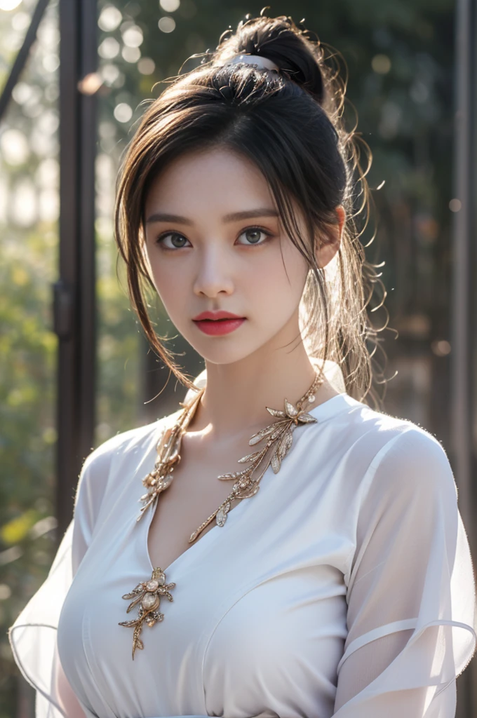 1 beautiful girl in Hanfu costume, ((white thin purple silk shirt with a lot of texture)), white lace top, long purple platinum ponytail Hair, Jewelry, ear jewelry, necklaces and necklaces, carefully drawn big purple eyes, makeup careful, thin eyebrows, high nose, beautiful red lips, no smile, pursed lips, rosy cheeks, wide breasts, big breasts, proportional breasts, slim waist, purple fishnet socks, chinese hanfu style, fictional art texture, colorful bright and realistic, RAW Photo, Realistic Photo, ultra high quality 8k surreal photo, (effective fantasy light effect: 1.8), 10x pixels, magical effect (Background): 1.8), ultradetailed eyes, full body portrait of girl , Chinese royal garden background, dynamic pose