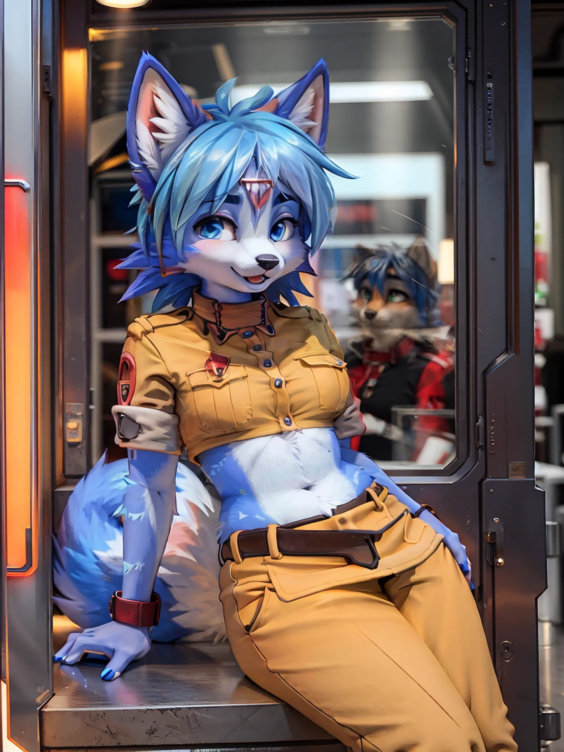 A beautiful and detailed (cute portrait) wa ((krystal)), Star Fox krystal, sslim, lovable, green eyes, medium breasts, (((Long blue hair 1.3))), Decollete, anthro, furry, Uploaded E621, detailed fluffy fur, (wa Fluff-Kevlar, Bayard Wu, Pino Daeni), detailed face, (fluffy), 1 girl, alone, sweet girl, 