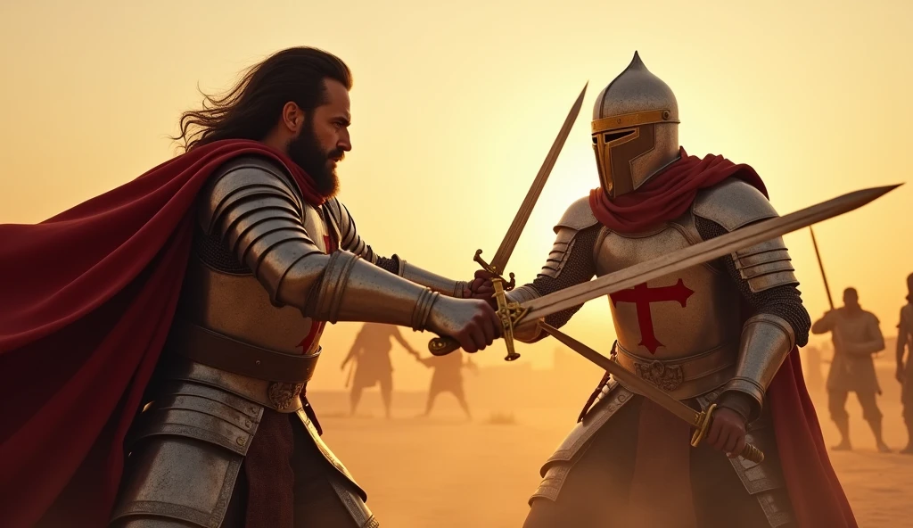 "A highly realistic, high-contrast, 8K HD, detailed, hyper-detailed image of a tense battle scene between the Crusader protagonist and the Lion-Emblazoned General. The Crusader, with his steel armor bearing a prominent red cross, has a stern expression, his dark hair and beard clearly visible as he confronts his foe. The Lion-Emblazoned General, clad in steel armor with a fierce lion emblem on his chest, keeps his face hidden behind a helmet, adding to his menacing presence. The two warriors are locked in a fierce one-on-one duel, swords clashing with sparks flying in the desolate desert battlefield. The setting sun casts long shadows, and the warm, orange light creates a dramatic contrast with the cold steel of their armors. Dust swirls around their feet, and the distant echoes of the ongoing battle heighten the tension. The image is of the highest quality, with ultra-high resolution, RAW photo quality, and Unreal Engine rendering, capturing the epic confrontation at the moment of its climax."
