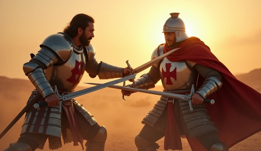 "A highly realistic, high-contrast, 8K HD, detailed, hyper-detailed image of a tense battle scene between the Crusader protagonist and the Lion-Emblazoned General. The Crusader, with his steel armor bearing a prominent red cross, has a stern expression, his dark hair and beard clearly visible as he confronts his foe. The Lion-Emblazoned General, clad in steel armor with a fierce lion emblem on his chest, keeps his face hidden behind a helmet, adding to his menacing presence. The two warriors are locked in a fierce one-on-one duel, swords clashing with sparks flying in the desolate desert battlefield. The setting sun casts long shadows, and the warm, orange light creates a dramatic contrast with the cold steel of their armors. Dust swirls around their feet, and the distant echoes of the ongoing battle heighten the tension. The image is of the highest quality, with ultra-high resolution, RAW photo quality, and Unreal Engine rendering, capturing the epic confrontation at the moment of its climax."