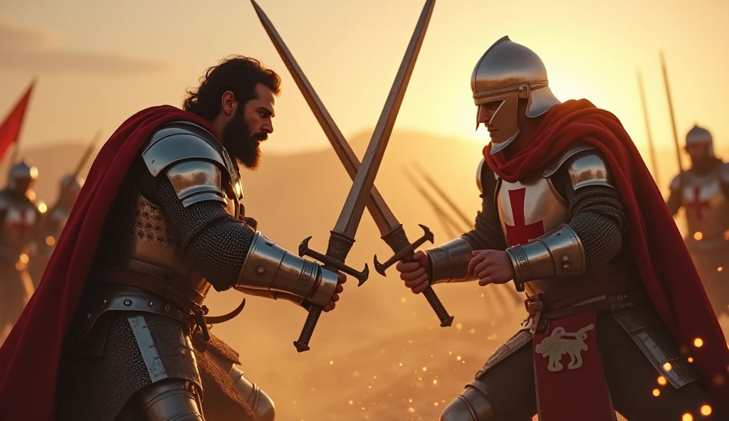 "A highly realistic, high-contrast, 8K HD, detailed, hyper-detailed image of a tense battle scene between the Crusader protagonist and the Lion-Emblazoned General. The Crusader, with his steel armor bearing a prominent red cross, has a stern expression, his dark hair and beard clearly visible as he confronts his foe. The Lion-Emblazoned General, clad in steel armor with a fierce lion emblem on his chest, keeps his face hidden behind a helmet, adding to his menacing presence. The two warriors are locked in a fierce one-on-one duel, swords clashing with sparks flying in the desolate desert battlefield. The setting sun casts long shadows, and the warm, orange light creates a dramatic contrast with the cold steel of their armors. Dust swirls around their feet, and the distant echoes of the ongoing battle heighten the tension. The image is of the highest quality, with ultra-high resolution, RAW photo quality, and Unreal Engine rendering, capturing the epic confrontation at the moment of its climax."
