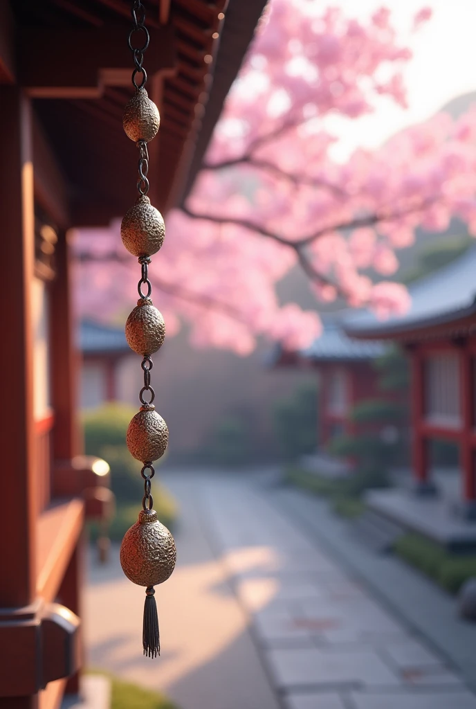 (masterpiece, Highest quality, shape, Subtle details, 8k:1.2),(Highly detailed CG Unity 8k wallpaper), (Highest quality), (Best illustrations), (Photo shoot by a professional photographer:1.2),(Best Shadow), Realistic lighting, Create a realistic 3D digital image of a tranquil Japanese scene with a beautifully designed rain chain (Kusari-toi) hanging prominently in the foreground. The focus is on the intricate details of the rain chain, which is delicately illuminated by soft, natural light. In the background, slightly blurred, a fully blossomed cherry tree (sakura) and an ancient temple can be seen. The cherry tree's vibrant pink blossoms and the temple's traditional architecture evoke a sense of calm and serenity. The overall scene expresses the essence of Japanese harmony and the peaceful passage of time.
