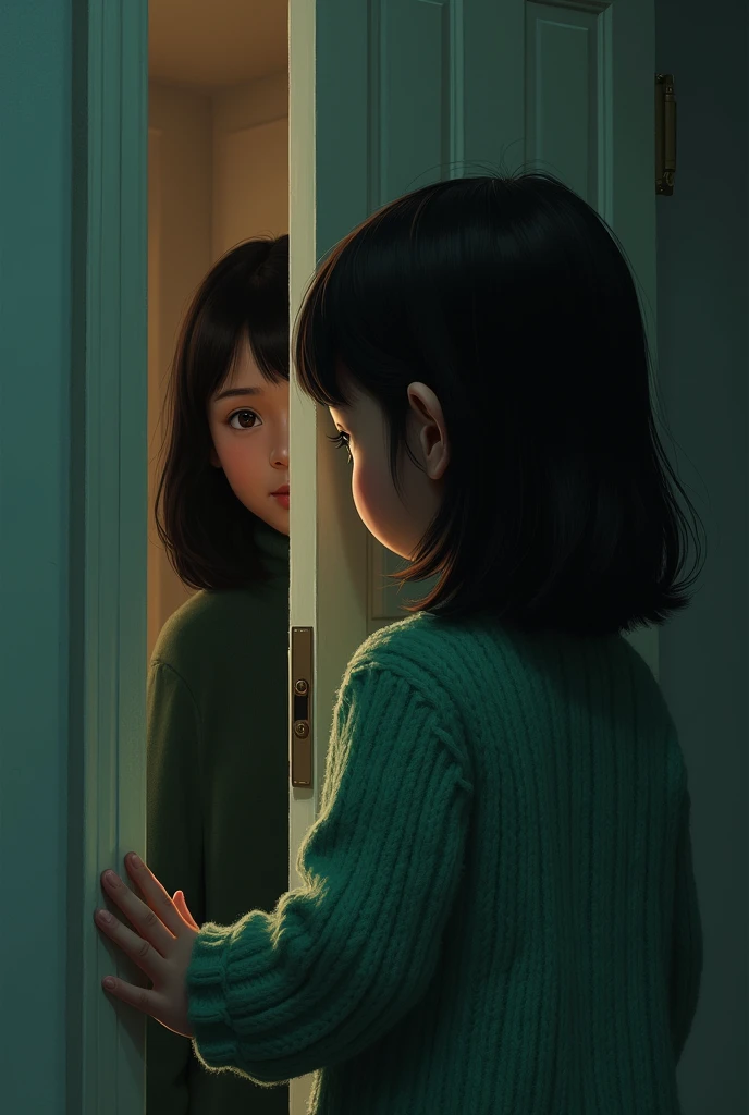 A girl sees a lady inside a house with chink opened door that lady wearing green knitted cardigan