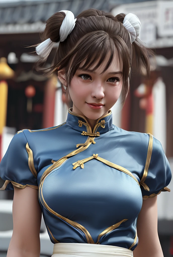 ((Highest quality)), ((masterpiece)), (detailed), 1 personの, sexy、Chun-Li from Street Fight II,The perfect Chun-Li costume,Blue Chinese dress with gold lines,Bunhead,Good cover,Fighting Pose,masterpiece、美しい少女1 person、Beautiful Eyes、Puffy eyes、Highest quality, 超High resolution, (reality: 1.4), Cinema Lighting、Japanese、Asian Beauty、Korean、so beautiful、Beautiful Skin、Body facing forward、Face close-up、(超reality的な)、(High resolution)、(8k)、(非常にdetailed)、(美しくBeautiful Eyes)、(非常にdetailedな)、 (wall-)、detailedな顔、Bright lighting、Professional Lighting、Looking at the audience、Look straight ahead、Diagonal bangs、Nogizaka Idol、Korean Idol、masterpiece, Highest quality, masterpiece, Highest quality, Perfect Face, Perfect brown eyes with white sclera, Bad move -5, alone, 1 person, Upper Body, Brown Hair, From SF2, Chinese Language Services, smile, Muscular Woman, Blue clothes, pantyhose, Pelvis Khan, puffy short sleeve, Good cover, sash, evaluation:security intelligence、whole body