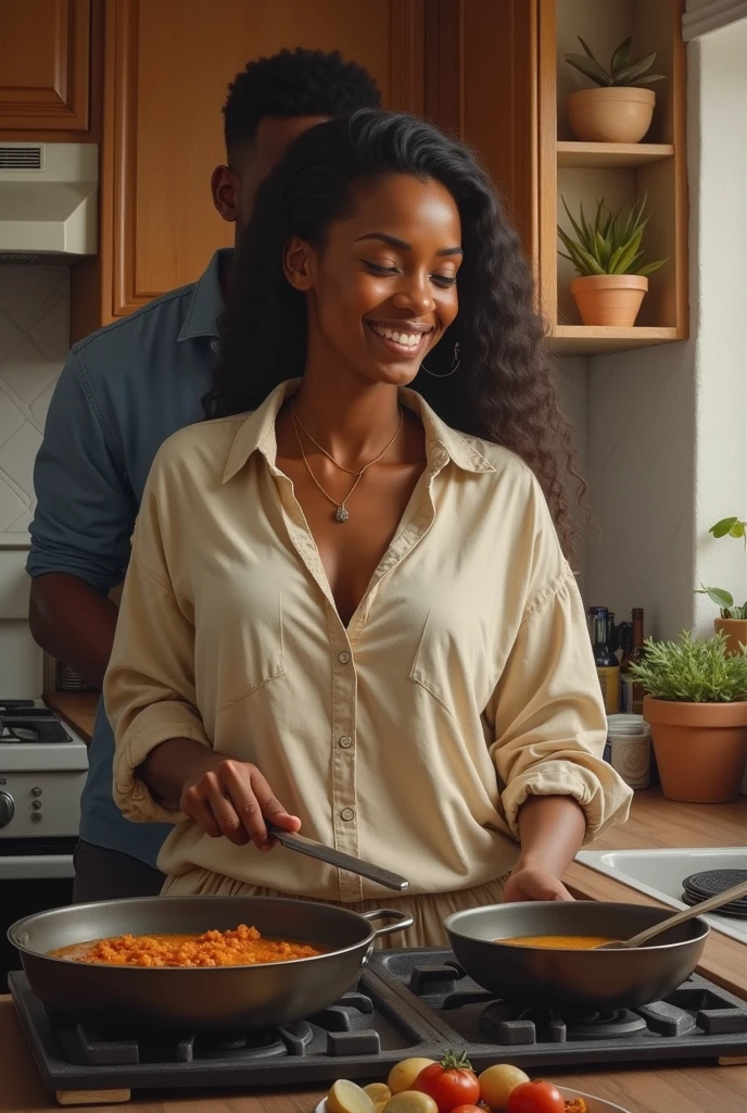 ( realistic paint) A beautiful African woman, fair in complexion with a long straight
hair on a big shirt and bun short revealing her hips, cooking in the kitchen with a smile as her husband talks to her from behind