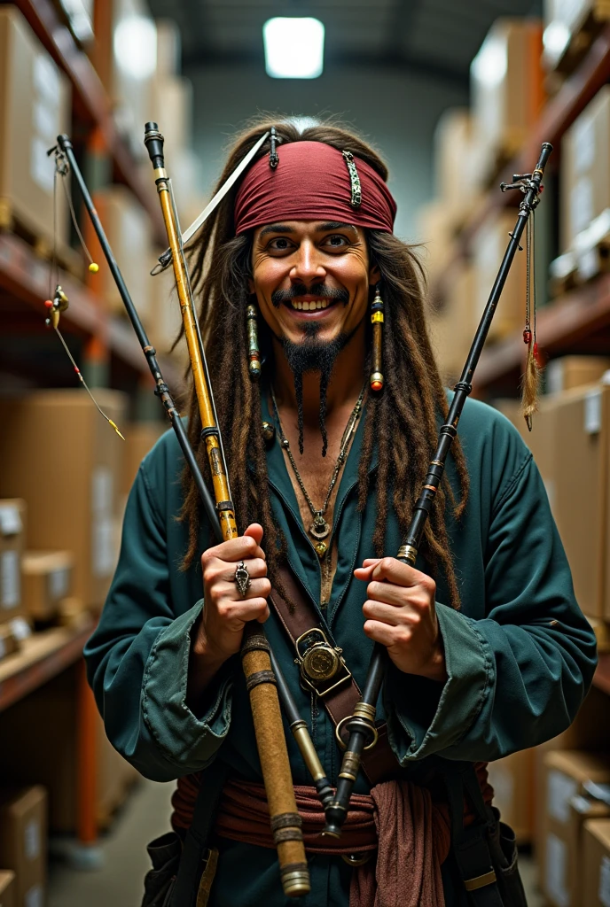 Create an image of Jack Sparrow, who is standing in front of a lot of packages and has several fishing rods and fishing equipment in his hand.
Jack Sparrow is said to be in a returns warehouse for fishing equipment.
He should laugh in a friendly manner. look at the camera, zoom in and present the fishing and hold a package