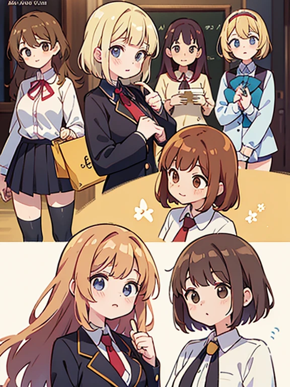 (Best quality, anime cover, genre everyday life, humor, masterpiece), group photo of 8 very different beautiful students in academy uniform, Photo for memory, different emotions, Free postures, interaction, Different hair colors(among them there is only one redhead, 3 blondes, 2 brown-haired and 2 brunettes), Different hairstyles, different hair lengths, different eye colors, Different physiques, Different breast sizes, (There's definitely 1 moody, flat-chested Asian brunette, 1 muscular blonde with short hair, 1 long haired redhead, 1 brunette hippie with pigtails, 1 brown-haired with a flat chest, 1 short round brown-haired woman), graduation photo album, beautiful faces, upper body, A group of girls laugh while looking at the viewer