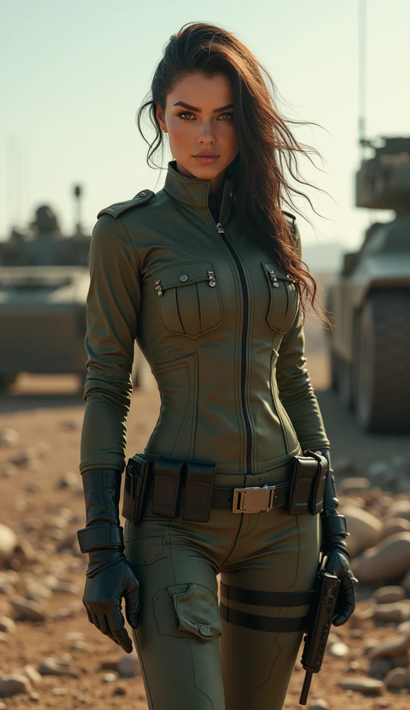 a sexy female soldier, wearing a soldier's uniform, battlefield background, sexy pose, very detailed, very accurate, 4k quality, beautiful lighting