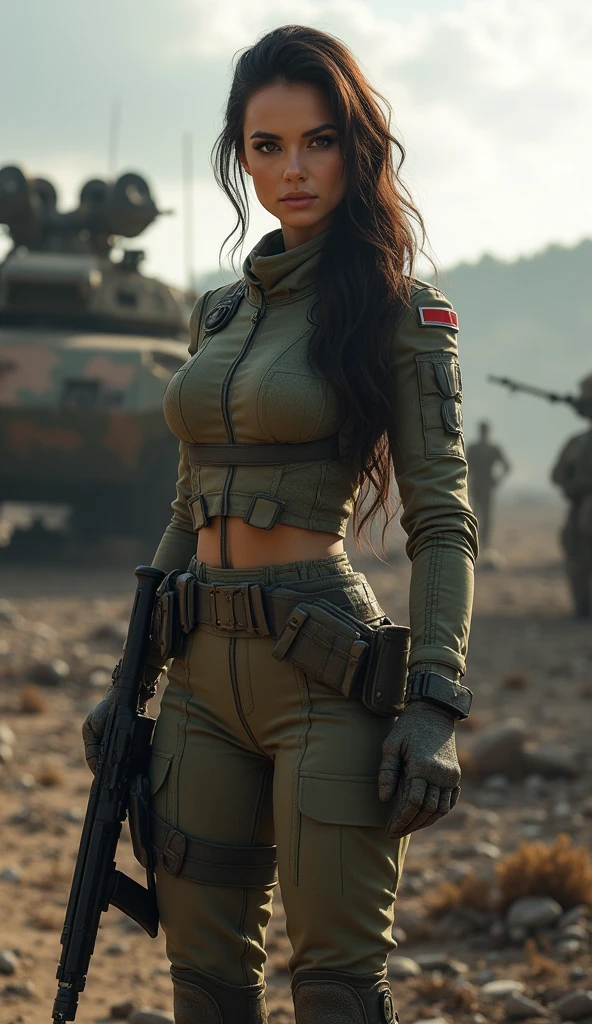 a sexy female soldier, wearing a soldier's uniform, battlefield background, sexy pose, very detailed, very accurate, 4k quality, beautiful lighting