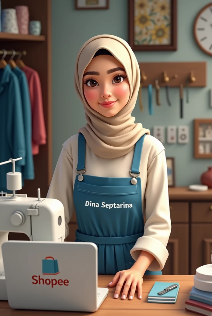 a young woman wearing a hijab who is in a sewing room. The woman wore a cream-colored hijab and clothes with a blue apron with the words "DINA SEPTARINA" on the front. In front of him is a LAPTOP with the words "SHOPEE," indicating that this is a local product. This room is full of sewing equipment such as spools of thread, PAPER, BOX, and various other accessories neatly arranged on the table and walls. In the background, there are several pictures and clothes hanging on the wall, adding to the impression of this room as an active sewing business. This woman appears to be smiling with her mouth closed, creating a friendly and professional atmosphere.