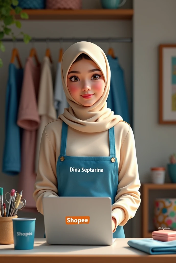 a young woman wearing a hijab who is in a sewing room. The woman wore a cream-colored hijab and clothes with a blue apron with the words "DINA SEPTARINA" on the front. In front of him is a LAPTOP with the words "SHOPEE," indicating that this is a local product. This room is full of sewing equipment such as spools of thread, PAPER, BOX, and various other accessories neatly arranged on the table and walls. In the background, there are several pictures and clothes hanging on the wall, adding to the impression of this room as an active sewing business. This woman appears to be smiling with her mouth closed, creating a friendly and professional atmosphere.