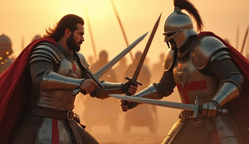 "A highly realistic, high-contrast, 8K HD, detailed, hyper-detailed image of a tense battle scene between the Crusader protagonist and the Lion-Emblazoned General. The Crusader, with his steel armor bearing a prominent red cross, has a stern expression, his dark hair and beard clearly visible as he confronts his foe. The Lion-Emblazoned General, clad in steel armor with a fierce lion emblem on his chest, keeps his face hidden behind a helmet, adding to his menacing presence. The two warriors are locked in a fierce one-on-one duel, swords clashing with sparks flying in the desolate desert battlefield. The setting sun casts long shadows, and the warm, orange light creates a dramatic contrast with the cold steel of their armors. Dust swirls around their feet, and the distant echoes of the ongoing battle heighten the tension. The image is of the highest quality, with ultra-high resolution, RAW photo quality, and Unreal Engine rendering, capturing the epic confrontation at the moment of its climax."
