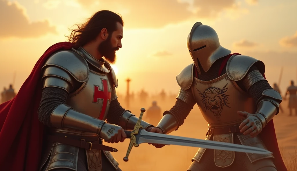 "A highly realistic, high-contrast, 8K HD, detailed, hyper-detailed image of a tense battle scene between the Crusader protagonist and the Lion-Emblazoned General. The Crusader, with his steel armor bearing a prominent red cross, has a stern expression, his dark hair and beard clearly visible as he confronts his foe. The Lion-Emblazoned General, clad in steel armor with a fierce lion emblem on his chest, keeps his face hidden behind a helmet, adding to his menacing presence. The two warriors are locked in a fierce one-on-one duel, swords clashing with sparks flying in the desolate desert battlefield. The setting sun casts long shadows, and the warm, orange light creates a dramatic contrast with the cold steel of their armors. Dust swirls around their feet, and the distant echoes of the ongoing battle heighten the tension. The image is of the highest quality, with ultra-high resolution, RAW photo quality, and Unreal Engine rendering, capturing the epic confrontation at the moment of its climax."