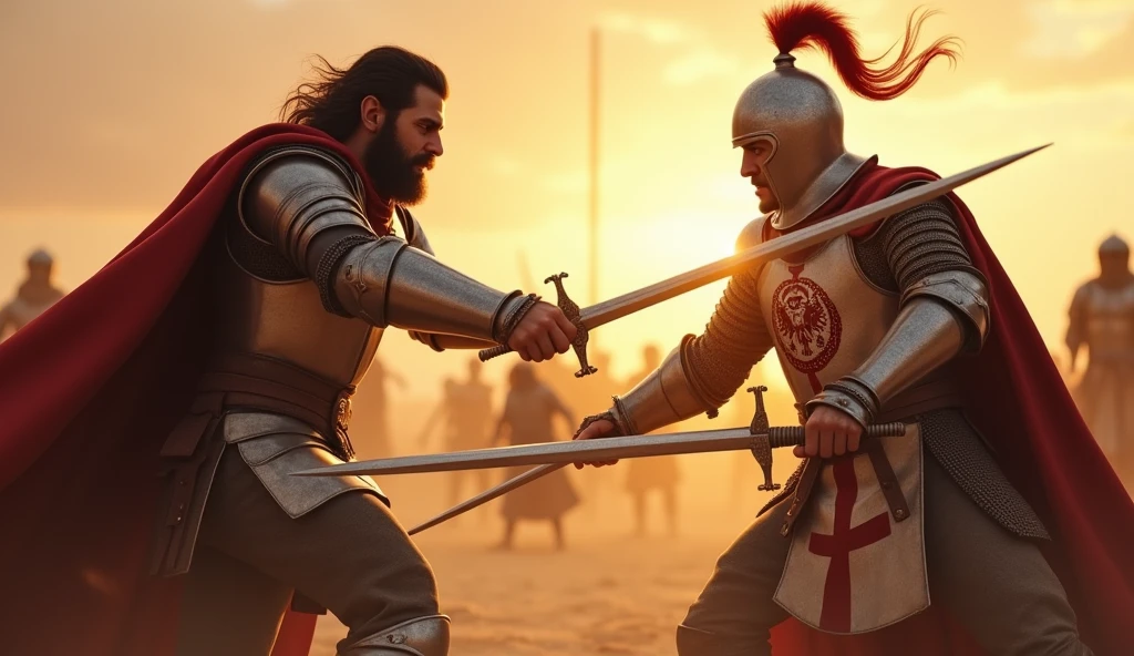 "A highly realistic, high-contrast, 8K HD, detailed, hyper-detailed image of a tense battle scene between the Crusader protagonist and the Lion-Emblazoned General. The Crusader, with his steel armor bearing a prominent red cross, has a stern expression, his dark hair and beard clearly visible as he confronts his foe. The Lion-Emblazoned General, clad in steel armor with a fierce lion emblem on his chest, keeps his face hidden behind a helmet, adding to his menacing presence. The two warriors are locked in a fierce one-on-one duel, swords clashing with sparks flying in the desolate desert battlefield. The setting sun casts long shadows, and the warm, orange light creates a dramatic contrast with the cold steel of their armors. Dust swirls around their feet, and the distant echoes of the ongoing battle heighten the tension. The image is of the highest quality, with ultra-high resolution, RAW photo quality, and Unreal Engine rendering, capturing the epic confrontation at the moment of its climax."