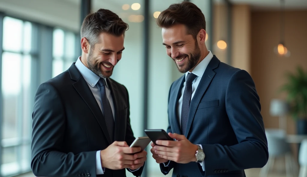 a businessman and a businessman in formal wear, Grinning, Using the cellphone