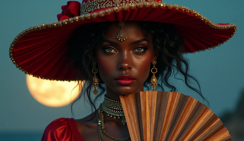 Face of a dark-skinned woman, Gypsy,green eyes, by the wide, wearing lots of jewelry, with a luxurious wide-brimmed red hat and a giant fan under the full moon