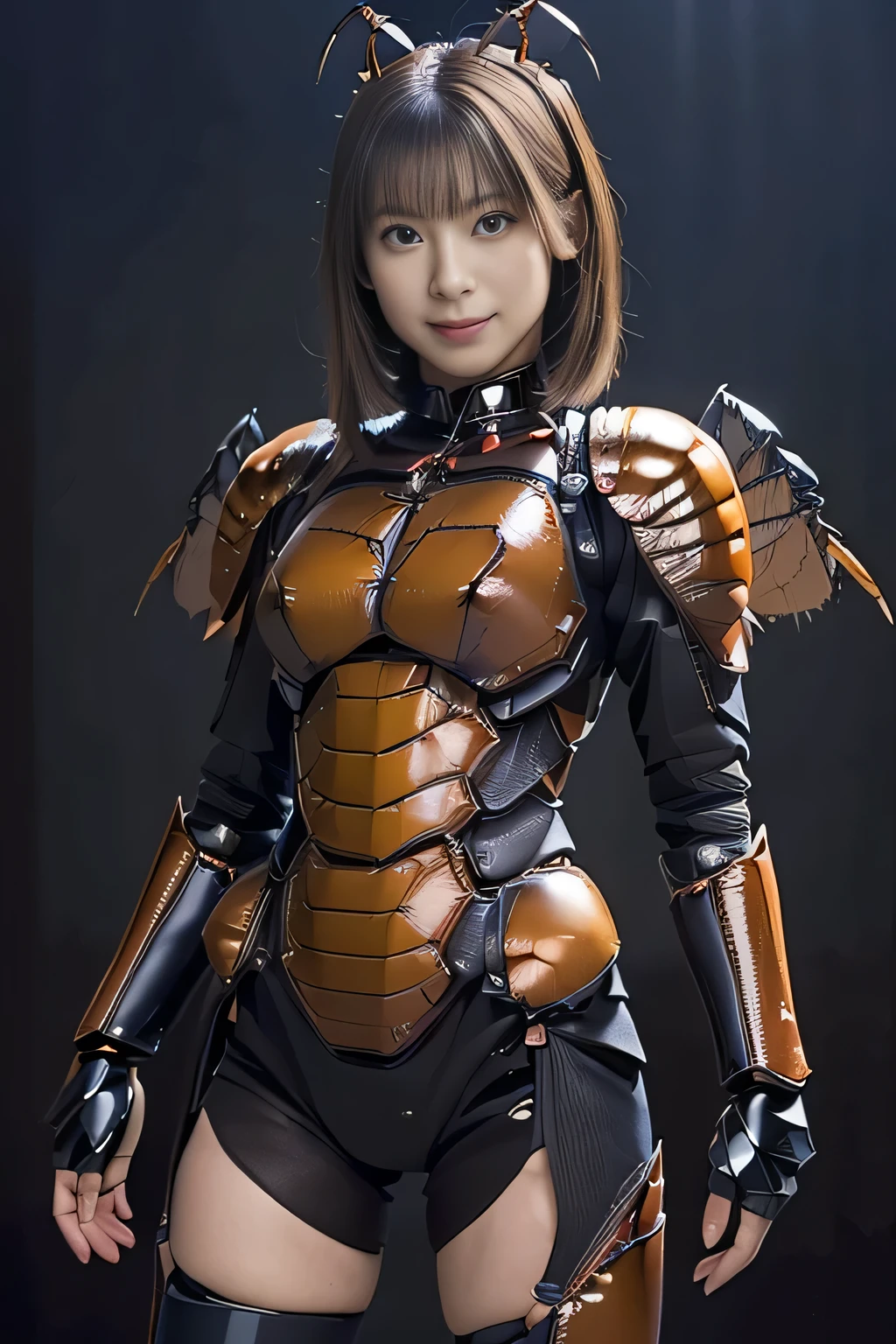 (high resolution,masterpiece,best quality,extremely detailed CG, anime, official art:1.4), realistic, photo, amazing fine details, all intricate, gloss and shiny,awesome many layers, 8k wall paper, 3d, sketch, kawaii, illustration,( solo:1.4), perfect female proportion,villainess, (fusion of dark brown cockroach and lady:1.4), (brown cockroach form lady:1.2), (brown cockroach lady:1.2), (fusion:1.2), (solo:1.4), (evil smile:1.2), muscular, abs, (cockroach brown exoskeleton bio insect suit:1.4), (cockroach brown exoskeleton bio insect armor:1.2), (brown transparency cockroach wing:1.4), (brown cockroach antennae:1.3),