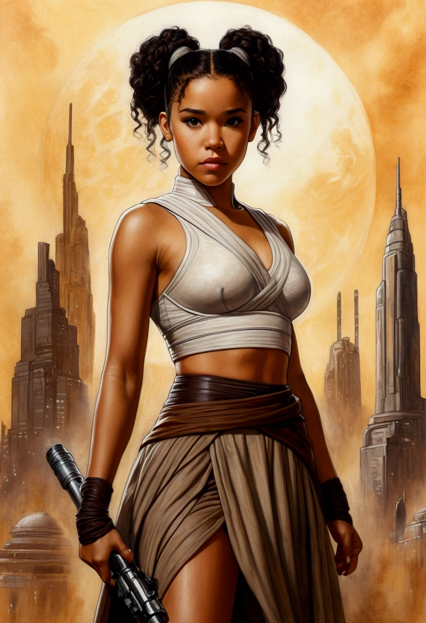 An illustrated movie poster, hand-drawn, full color, a age Jedi, 18-years-old, female, wearing a crop top and a skirt, athletic hourglass figure, busty bosoms, full wide hips, massive round butt, long shapely legs, ridiculously thick powerful thighs, hazel eyes, dark hair, curly ponytail, warm brown complexion, resembles Alexandra Shipp, standing above Coruscant, graphite shading, stencil marks, airbrushed acrylic paint, masterpiece, in the style of Drew Struzan