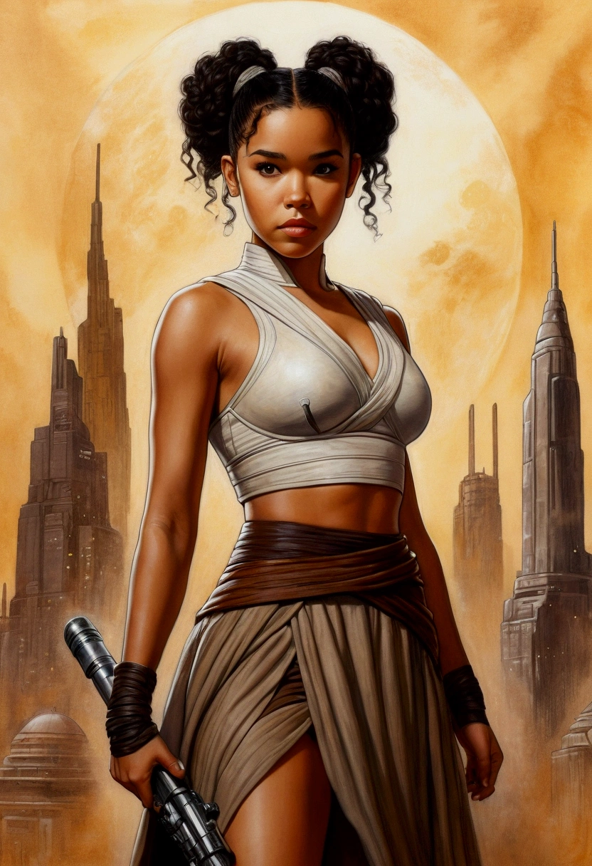 An illustrated movie poster, hand-drawn, full color, a age Jedi, 18-years-old, female, wearing a crop top and a skirt, athletic hourglass figure, busty bosoms, full wide hips, massive round butt, long shapely legs, ridiculously thick powerful thighs, hazel eyes, dark hair, curly ponytail, warm brown complexion, resembles Alexandra Shipp, standing above Coruscant, graphite shading, stencil marks, airbrushed acrylic paint, masterpiece, in the style of Drew Struzan