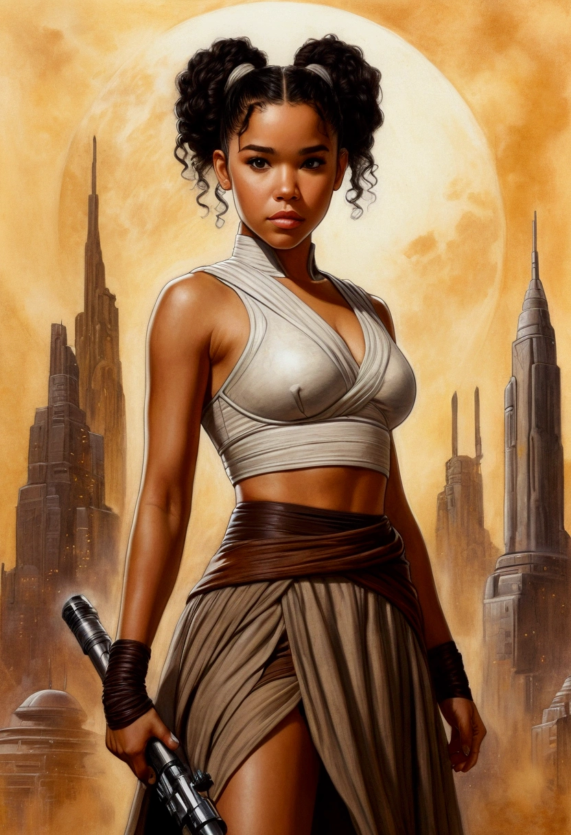 An illustrated movie poster, hand-drawn, full color, a age Jedi, 18-years-old, female, wearing a crop top and a skirt, athletic hourglass figure, busty bosoms, full wide hips, massive round butt, long shapely legs, ridiculously thick powerful thighs, hazel eyes, dark hair, curly ponytail, warm brown complexion, resembles Alexandra Shipp, standing above Coruscant, graphite shading, stencil marks, airbrushed acrylic paint, masterpiece, in the style of Drew Struzan
