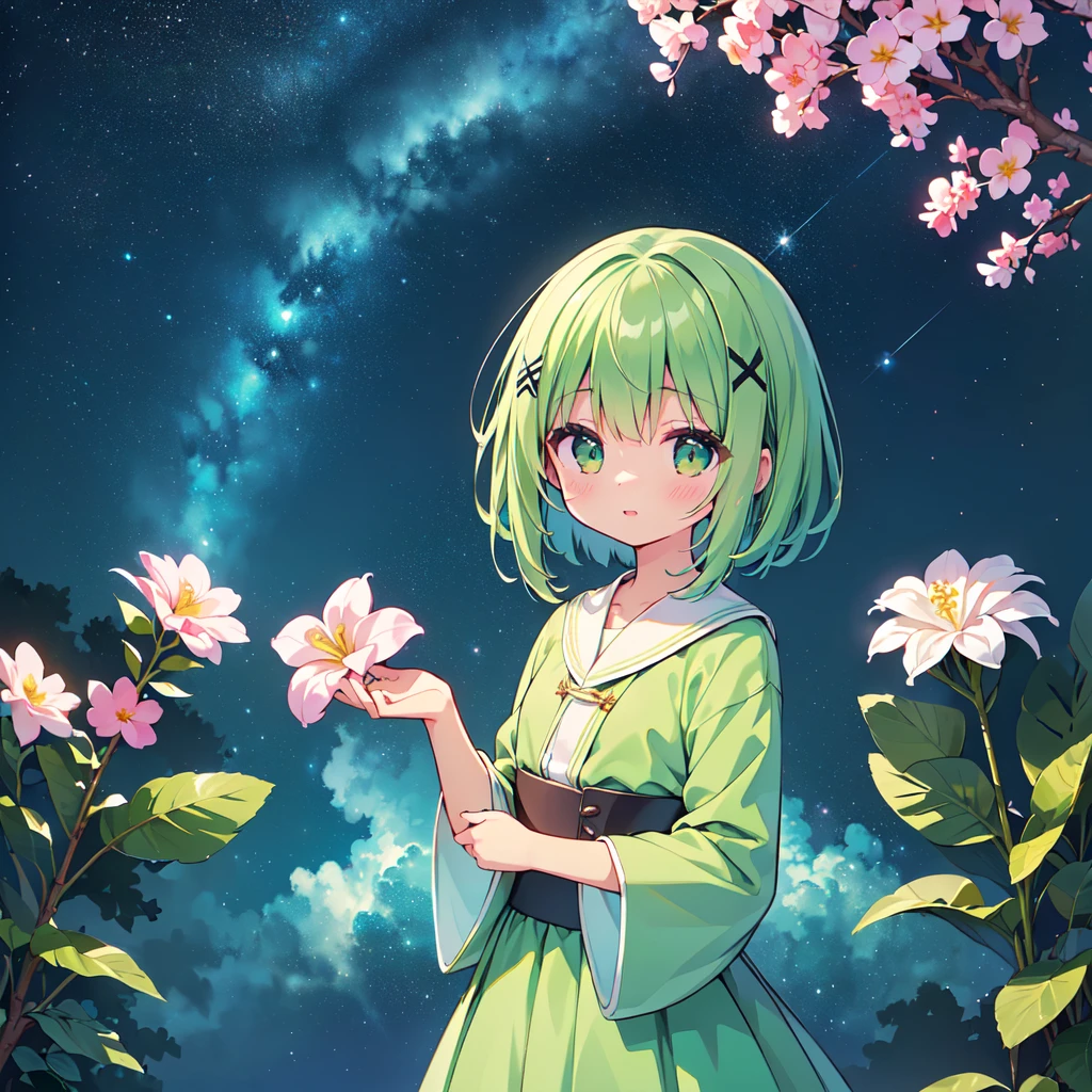 Cute characters、(((Highest quality、Masterpiece、Super detailed、S composition、X Composition、Triangular composition、Square Composition)))、Green Grass々Drawing plumeria flowers flying over the water、I look up at the starry sky。Surround her with colorful nebulae and colorful forests。pink、light blue、Blue fantastic light source background、glitter