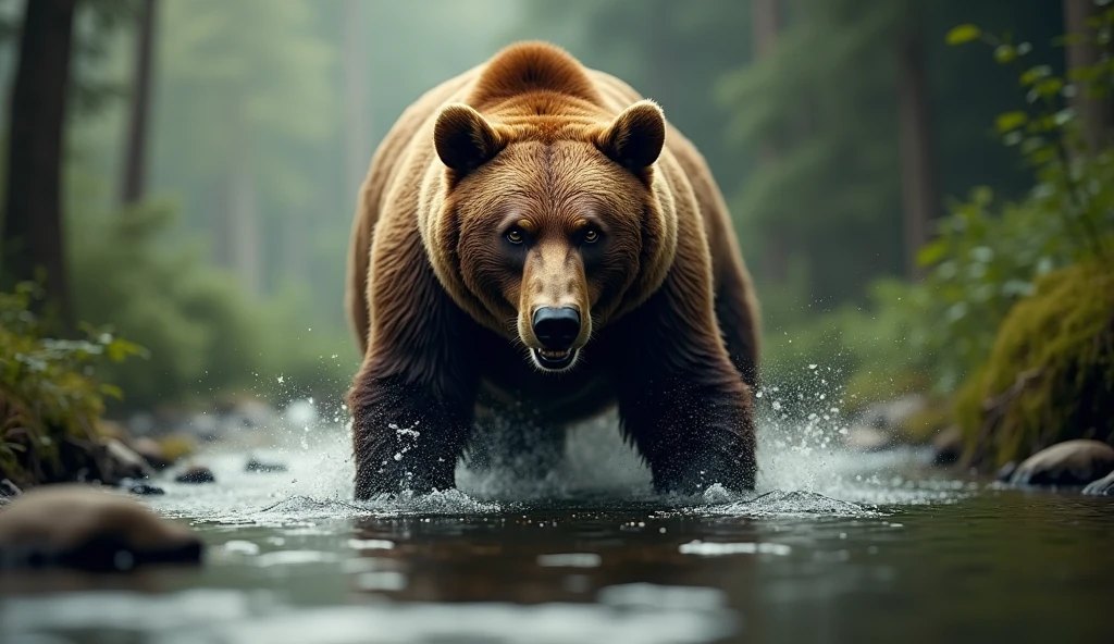 National Geographic award-winning wildlife photo of a bear in a river hunting fish in the forest, soft volumetric lights | full body view | highly detailed | high resolution | staring at the viewer with an intense gaze | predatory | hyper detailed eyes | sharp focus | natural light, perfect composition, beautiful intricately detailed octane rendering trends on artstation, 8K art photography, photorealistic concept art, perfect cinematic, natural, volumetric and soft light, chiaroscuro, award-winning photography, master part, oil on canvas, Raphael, Caravaggio, Greg Rutkowski, beep, Beksinski, Giger