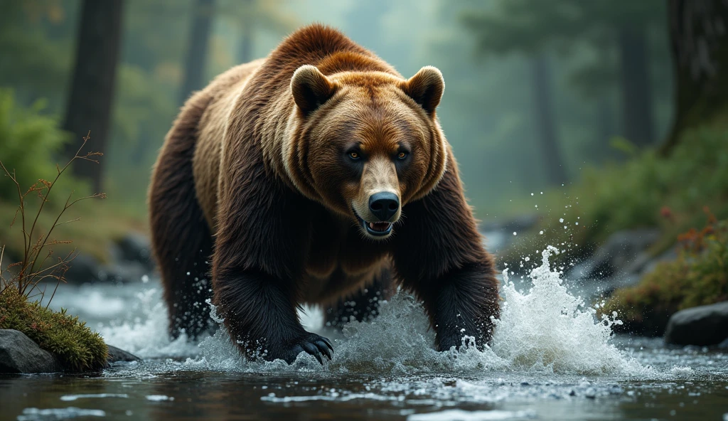 National Geographic award-winning wildlife photo of a bear in a river hunting fish in the forest, soft volumetric lights | full body view | highly detailed | high resolution | staring at the viewer with an intense gaze | predatory | hyper detailed eyes | sharp focus | natural light, perfect composition, beautiful intricately detailed octane rendering trends on artstation, 8K art photography, photorealistic concept art, perfect cinematic, natural, volumetric and soft light, chiaroscuro, award-winning photography, master part, oil on canvas, Raphael, Caravaggio, Greg Rutkowski, beep, Beksinski, Giger