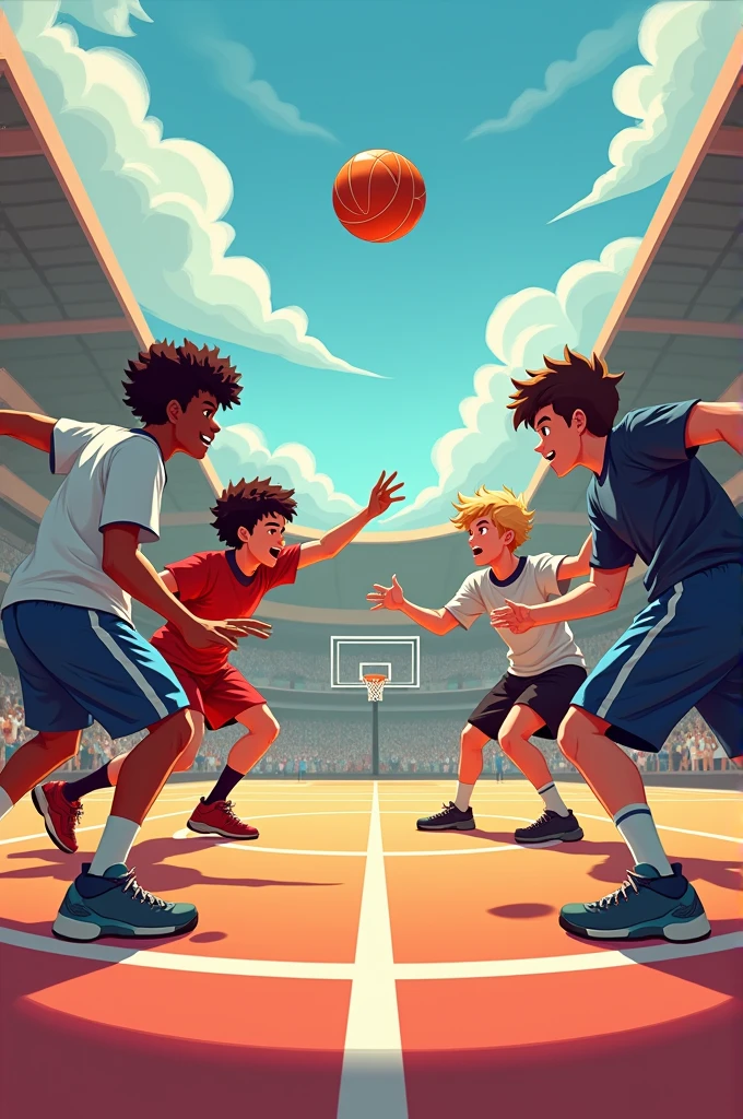 Create an image of people on a court kicking a dodgeball each team has to be on one side of the court and please put a goal