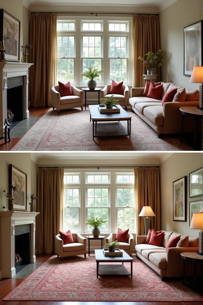 Before and after image of a rug added in a luxury living room